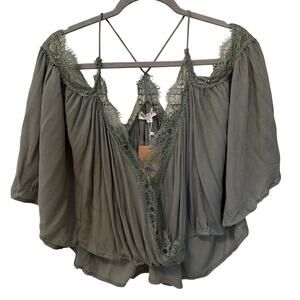 Malibu Bum Lace Trimmed Flowy Blouse Women's Size Large Green Boho Fairy Indie